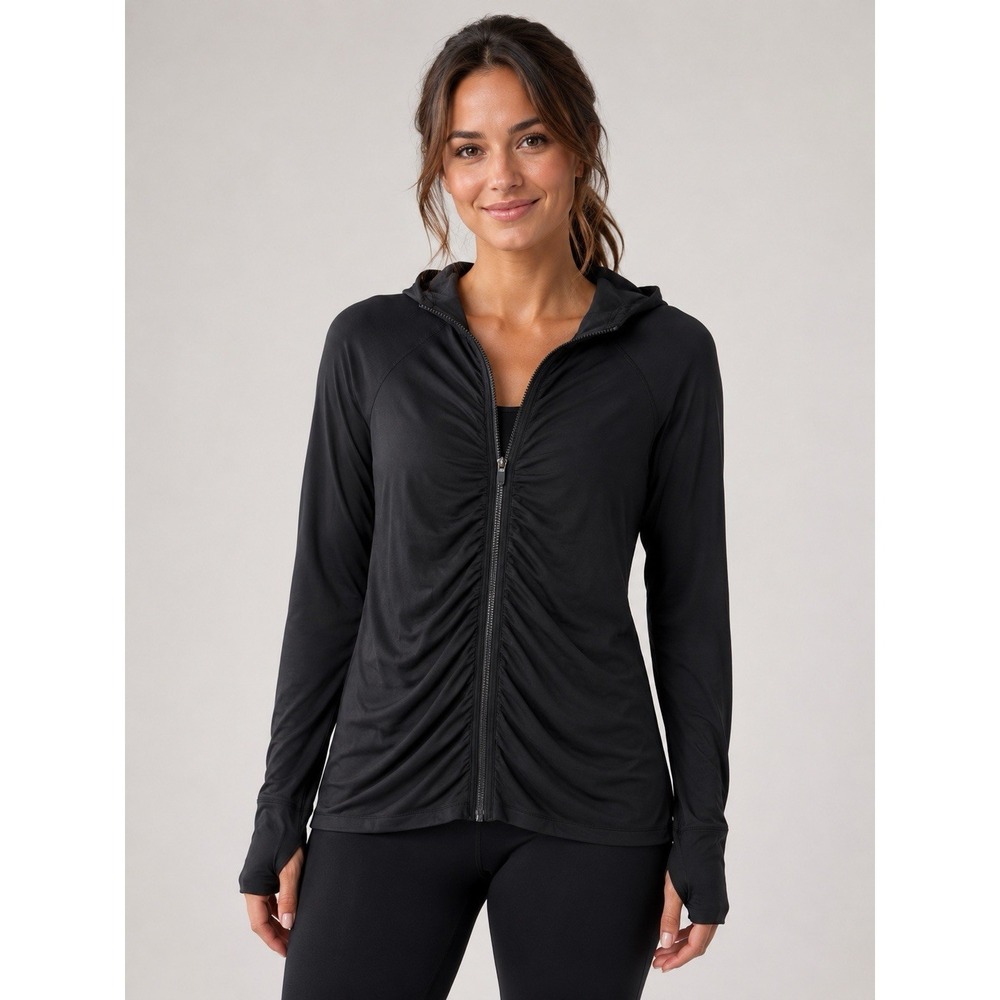 Athleta Black Ruched Zip Hoodie Women's Large Thumbhole Athletic Jacket